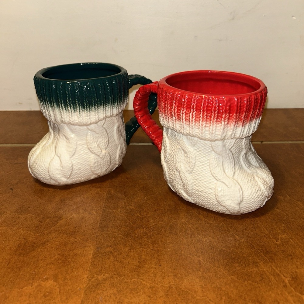 Anthropologie Christmas Cable Knit Ceramic Stocking Boot Mug Red & Green Set